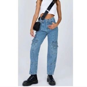 Lioness High Rise Denim Cargo Jeans Sz XL